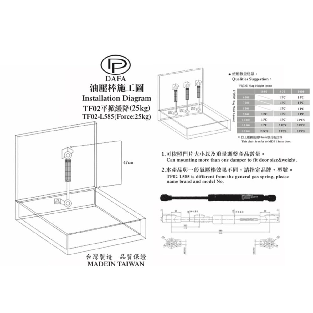 台灣製 TF02 -L585 25KG 撐桿 平掀 木地板撐桿 緩衝棒 和式地板 液壓桿 壓力桿 伸縮桿 升降器【250704100002】 - F.W Hou