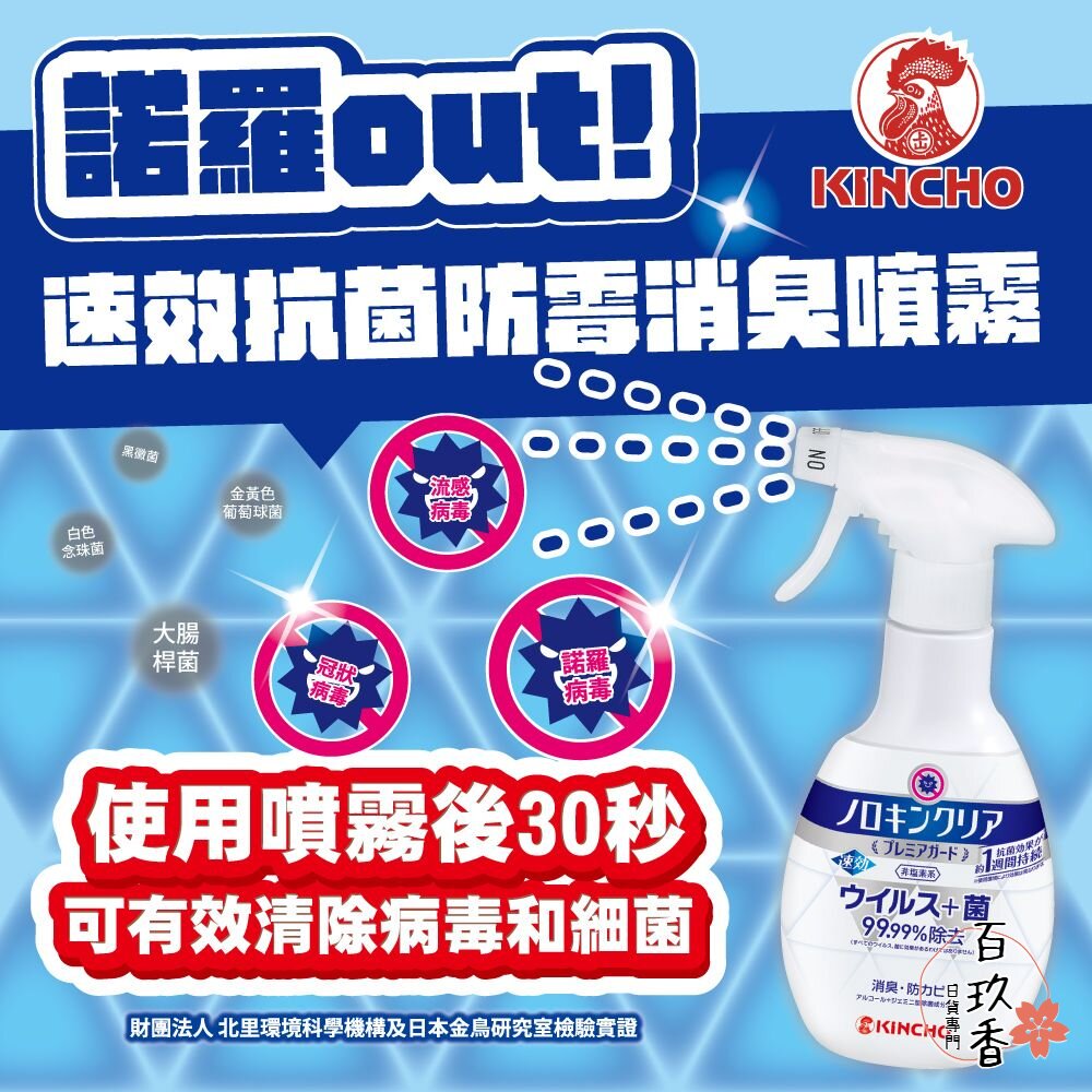 日本 金鳥 KINCHO 諾羅out抗菌防霉消臭速效噴霧 消菌 除臭 防黴 萬用清潔劑 抗菌噴霧 封面照片