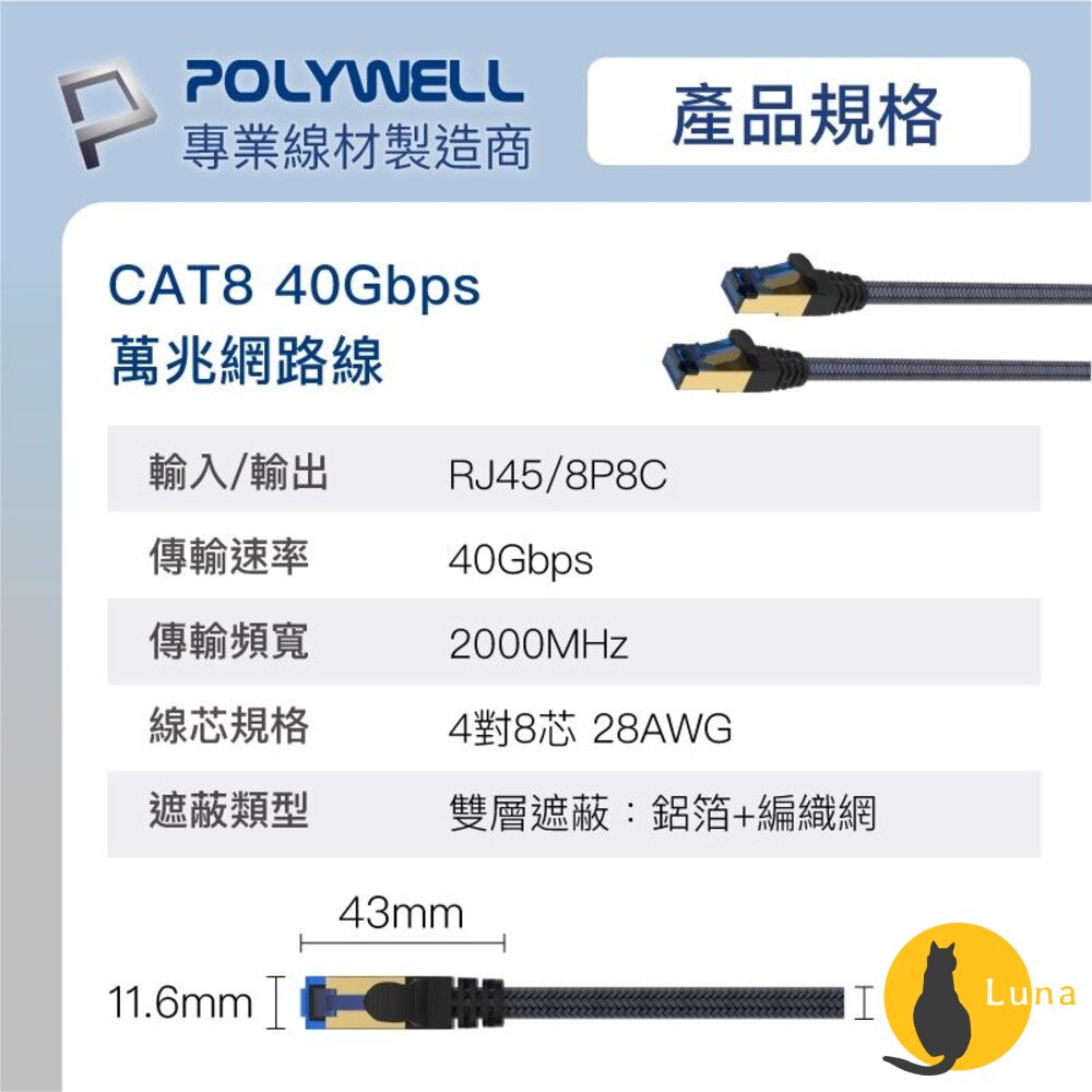 POLYWELL 超高速 網路線 50公分~10米 40Gbps RJ45 福祿克認證 寶利威爾-圖片-8