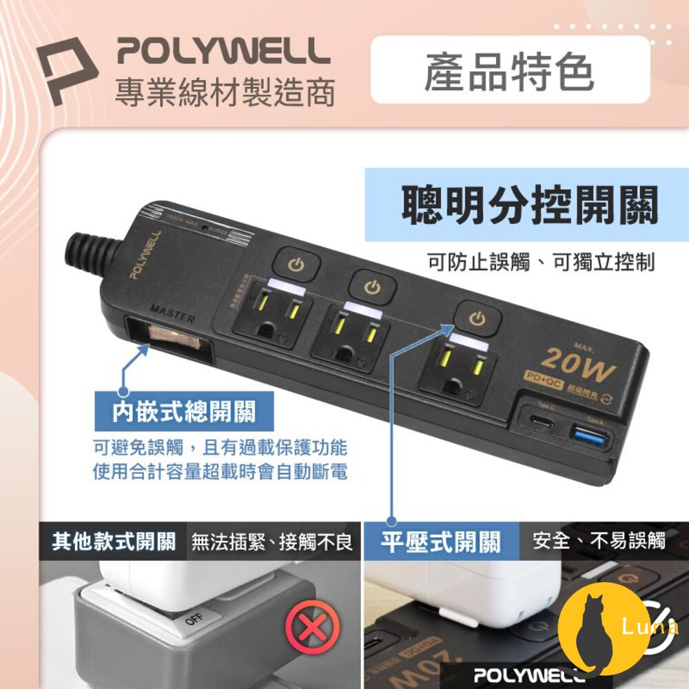 POLYWELL 20W 快充 電源延長線 延長線 4切3座 Type-C 過載保護 自動斷電 寶利威爾-圖片-3