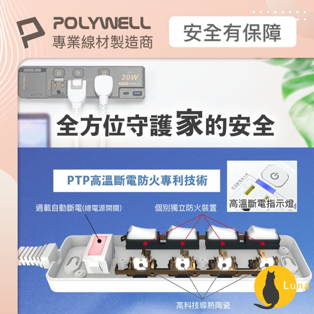 POLYWELL 20W 快充 電源延長線 延長線 4切3座 Type-C 過載保護 自動斷電 寶利威爾-圖片-6