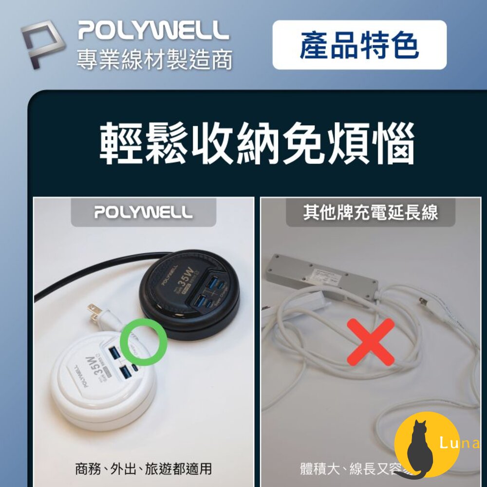 POLYWELL 65W 35W 收納式 電源線 快充頭 延長線 4孔 寶利威爾 USB Type-C BSMI-圖片-5