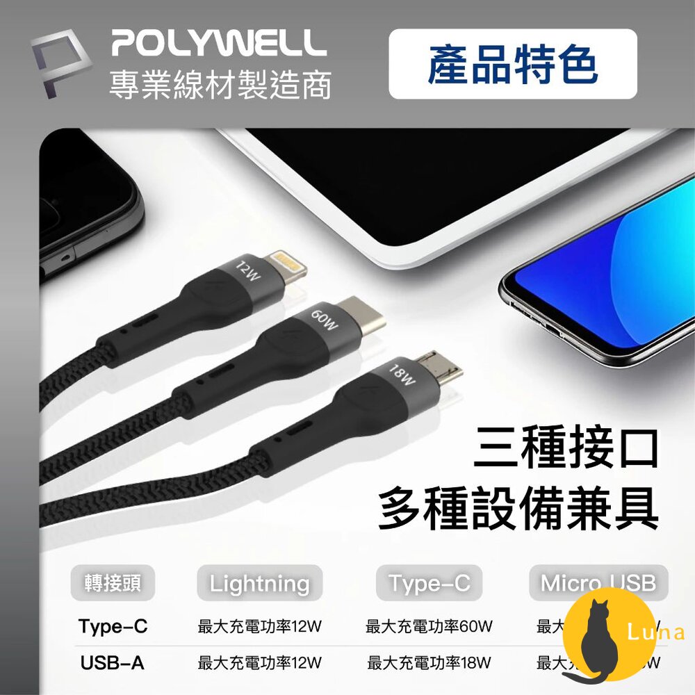 POLYWELL 二拖三 PD編織 快充線 充電線 五合一 USB+C+Lightning+Micro 寶利威爾-圖片-9