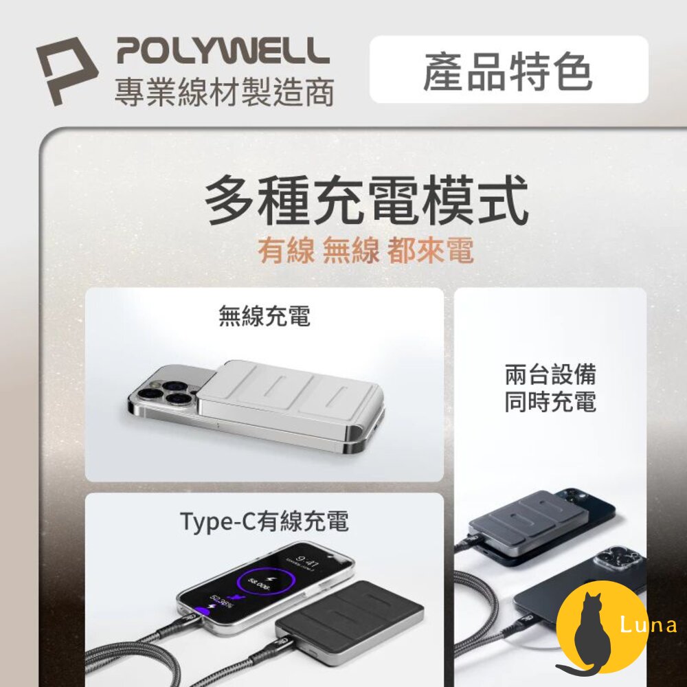 POLYWELL 磁吸式 行動電源 5000mAh 折疊支架 無線充+Type-C充電 迷你行充 寶利威爾-圖片-3
