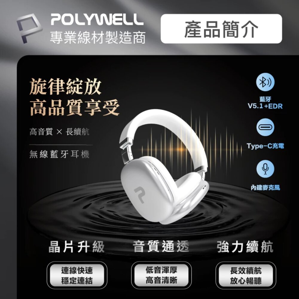 250527153310-POLYWELL 頭戴式 無線 藍牙耳機 超長續航 耳罩耳機 內建麥克風 Type-C充電 可折疊 TM-087 高音質