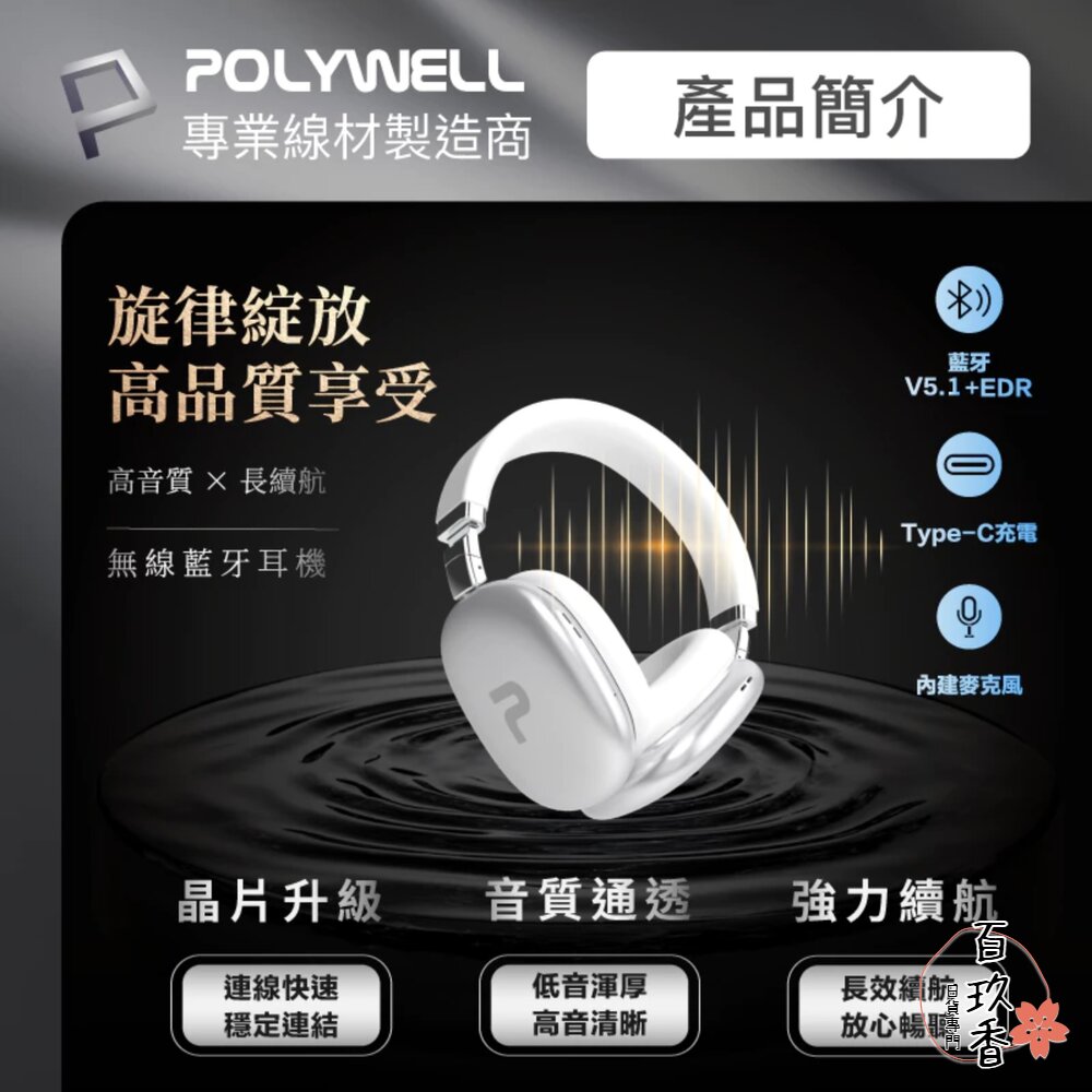 POLYWELL 頭戴式 無線 藍牙耳機 超長續航 耳罩耳機 內建麥克風 Type-C充電 可折疊 TM-087 高音質 封面照片