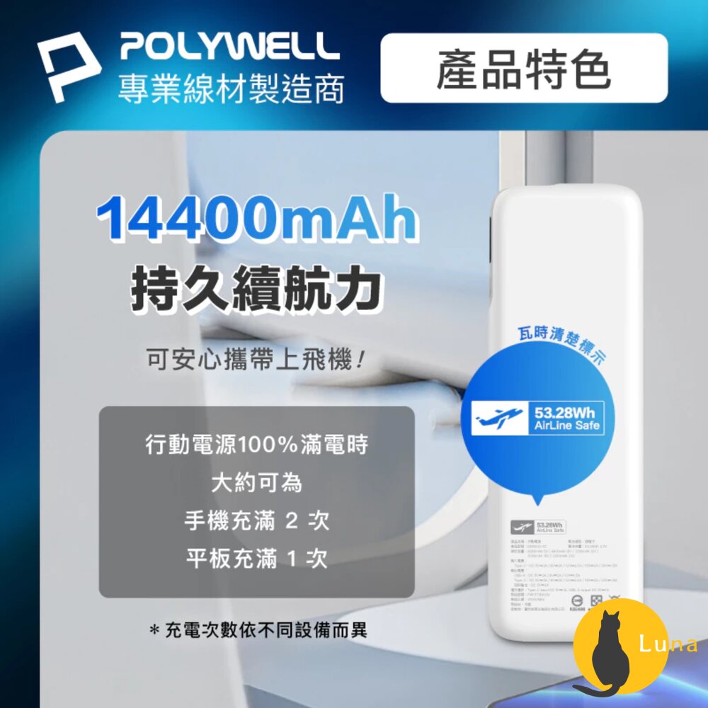 POLYWELL 65W 30W 快充 行動電源 雙向快充 14400mAh USB Type-C 可攜帶登機-圖片-2