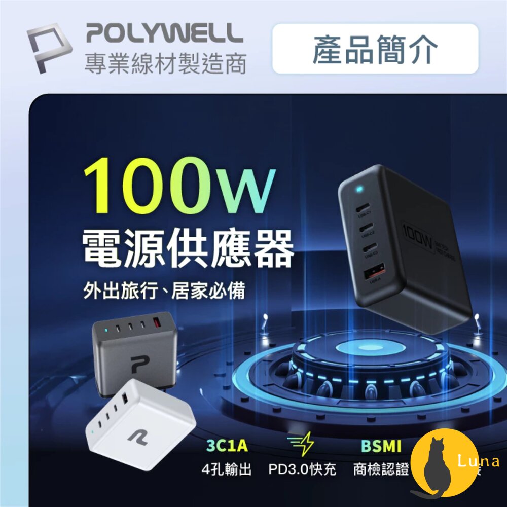 POLYWELL100W電源供應器多國轉接快充線Type-CUSB-A可充筆電BSMI