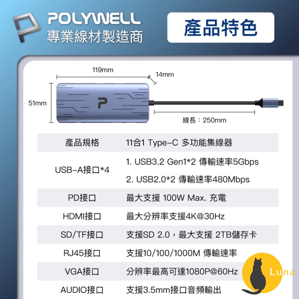 POLYWELL Type-C 十一合一 多功能 集線器 讀卡機 HUB 100W 快充 5G HDMI RJ45-圖片-8