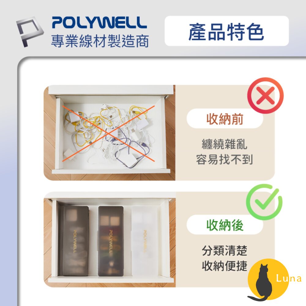POLYWELL 3C線材 7格 收納盒 PP塑膠材質 卡扣上蓋 充電線 充電器 飾品 文具 小零件收納-圖片-2