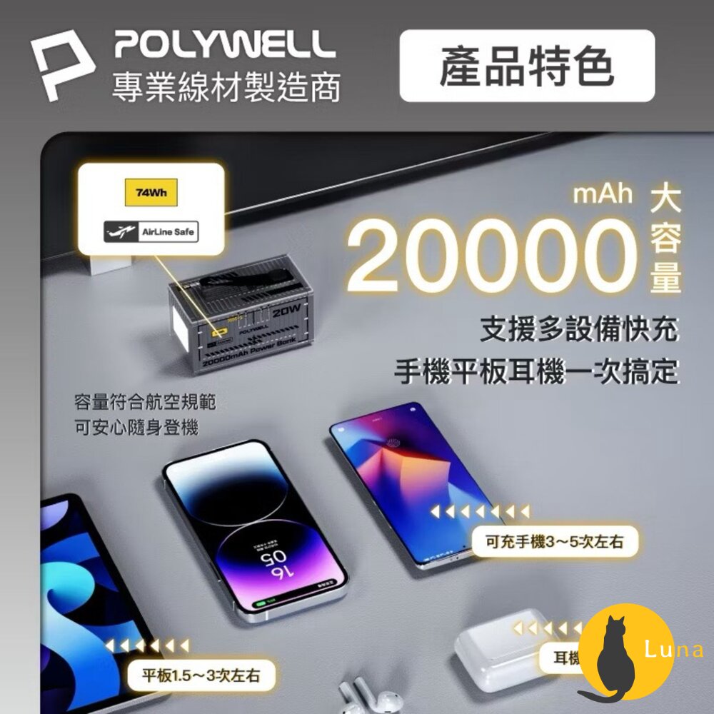 POLYWELL 20W 貨櫃屋 行動電源 20000mAh 1A1C雙孔充電 LED照明燈 編織掛繩 寶利威爾-圖片-4