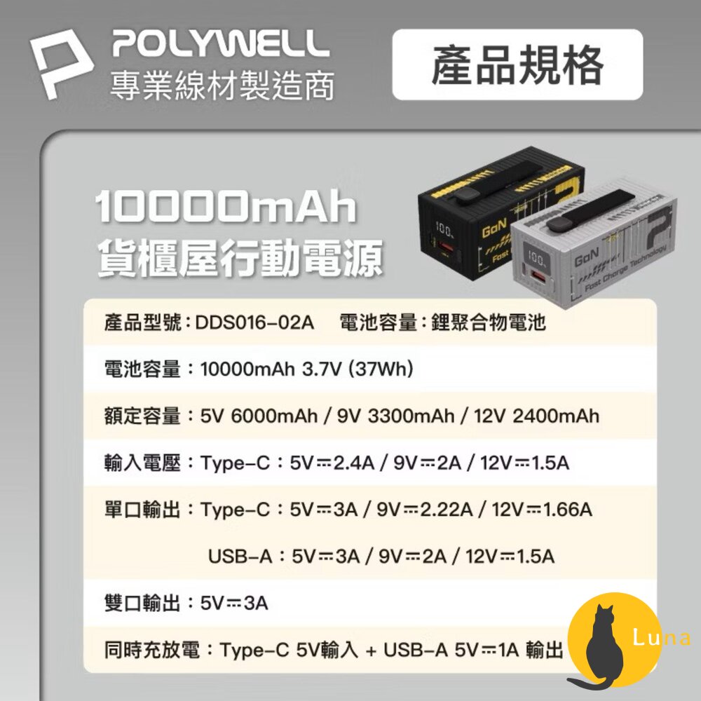 POLYWELL 20W 貨櫃屋 行動電源 20000mAh 1A1C雙孔充電 LED照明燈 編織掛繩 寶利威爾-圖片-7