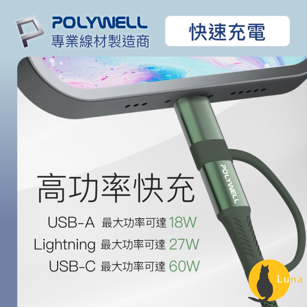 POLYWELL 四合一 PD編織 快充線 充電線 USB-A+USB-C+Lightning 寶利威爾-圖片-4