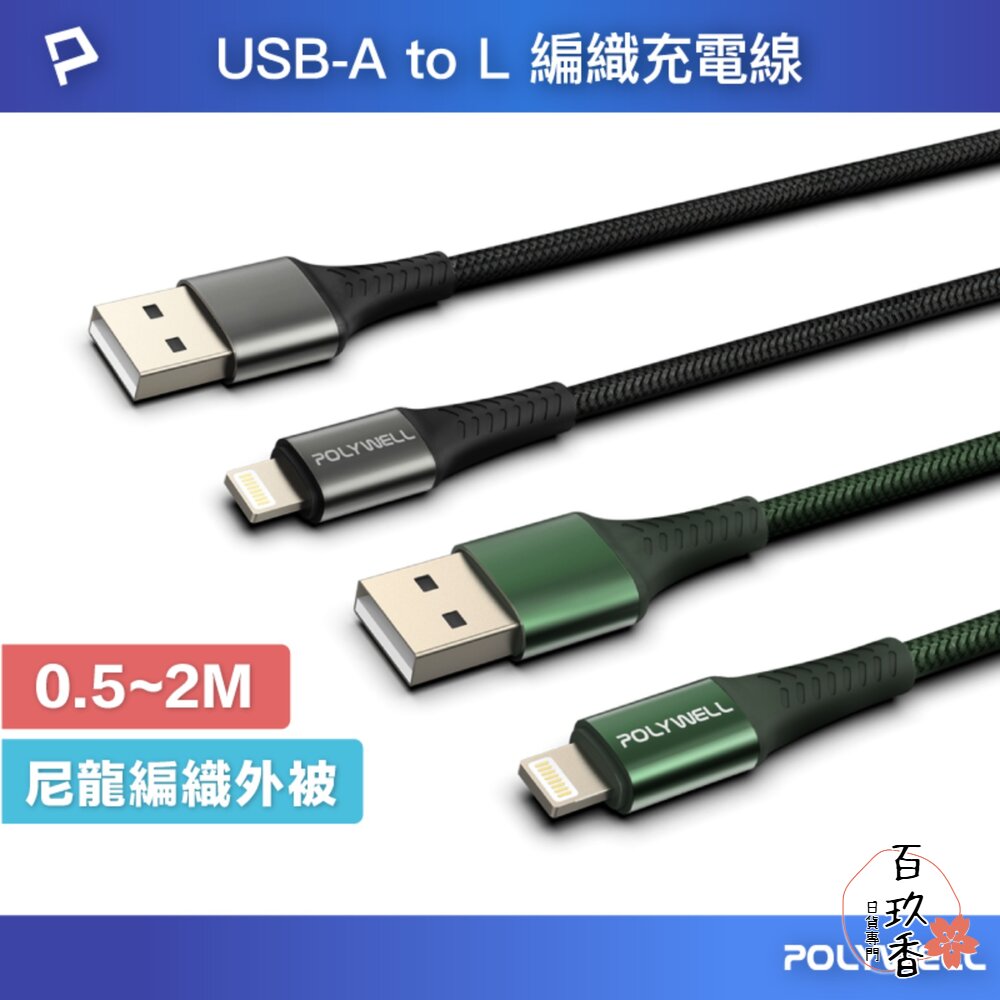 POLYWELL USB-A Lightning 編織 快充線 充電線 寶利威爾 20W 適用蘋果 iphone 封面照片