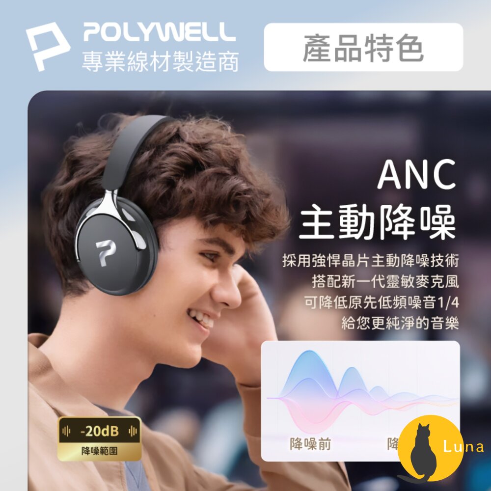 POLYWELL 全罩式 無線 降躁 藍牙耳機 ANC 超長續航 耳罩耳機 Type-C充電 可折疊 高音質-圖片-3