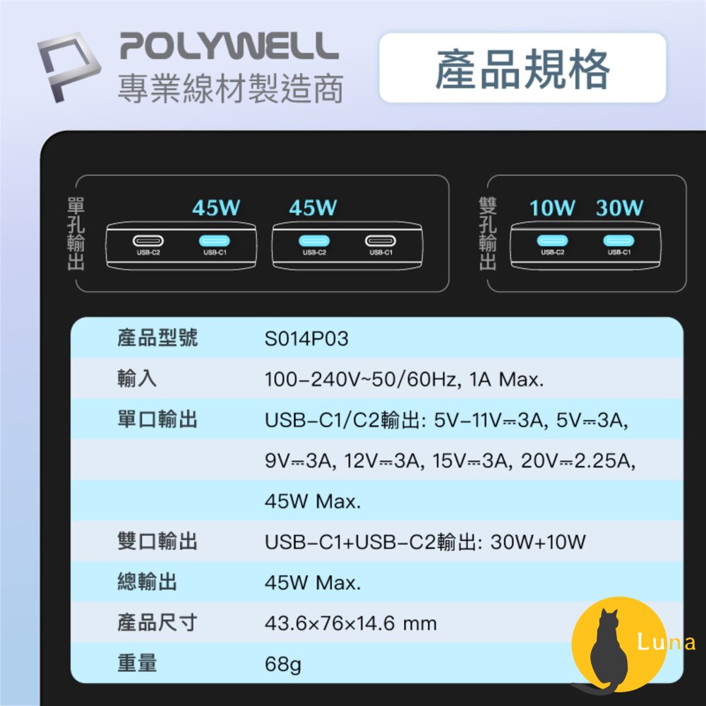 POLYWELL 45W GaN氮化鎵 輕薄型 快充頭 電源供應器 Type-C BSMI 寶利威爾-圖片-8