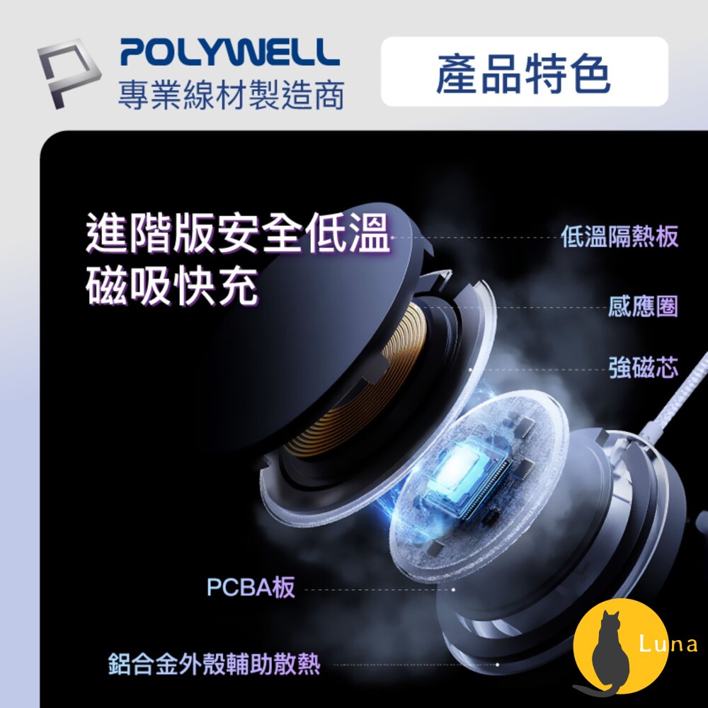 POLYWELL 無線 磁吸 充電線 Type-C 充電座 1米 適用蘋果 iPhone 安卓 寶利威爾-圖片-6