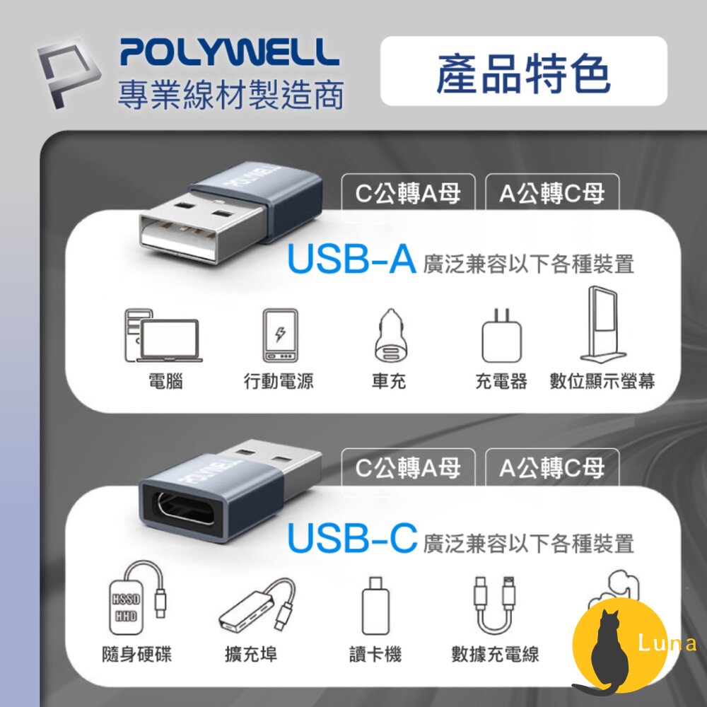 POLYWELL Type-A To Type-C 轉接器 轉換器 轉接頭 適用蘋果 寶利威爾-圖片-4