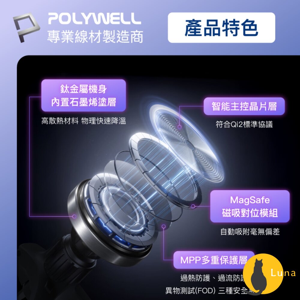 POLYWELL Qi2 15W 無線 磁吸 充電盤組 充電座 適用蘋果 iPhone 寶利威爾-圖片-2