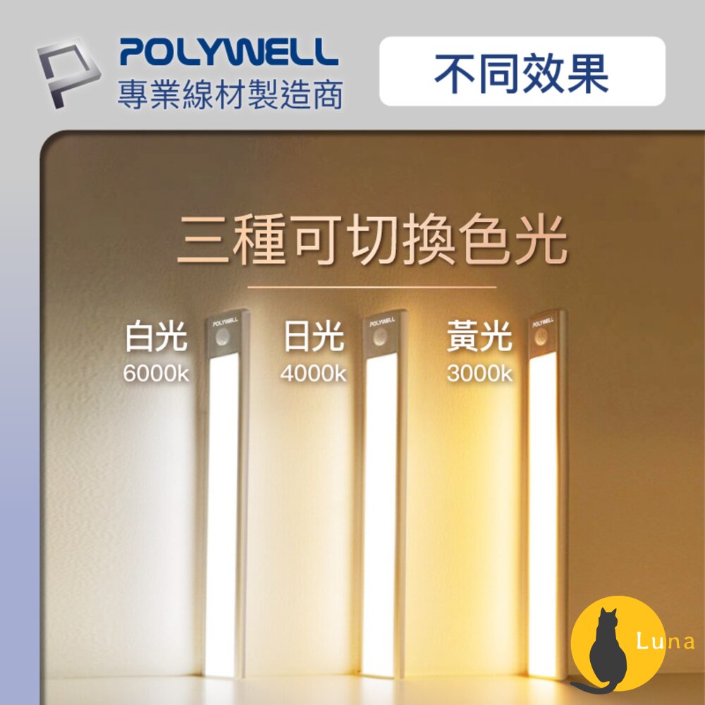 POLYWELL 磁吸式 LED感應燈 超薄型設計 USB-C充電 人體感應 3種色溫 光線柔和 寶利威爾-圖片-3