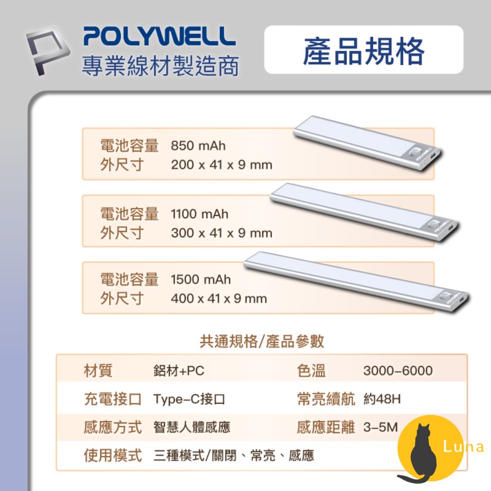 POLYWELL 磁吸式 LED感應燈 超薄型設計 USB-C充電 人體感應 3種色溫 光線柔和 寶利威爾-圖片-9
