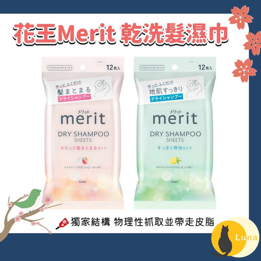 日本 Kao 花王 merit DAY+ 乾洗髮濕巾12枚入 濕紙巾 乾洗髮 懶人必備 柔順 蓬鬆 油頭救星-圖片-1