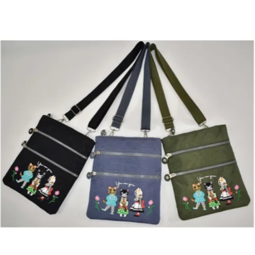 日本貓咪刺繡輕量多層斜背包|日系尼龍薄型收納包#日本直送-圖片-2