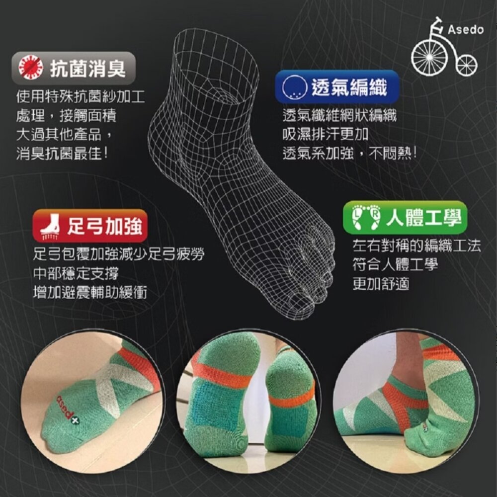 Asedo 輕壓足弓機能襪 抗菌除臭襪|男女適用短襪 顏色:隨機出貨-圖片-2