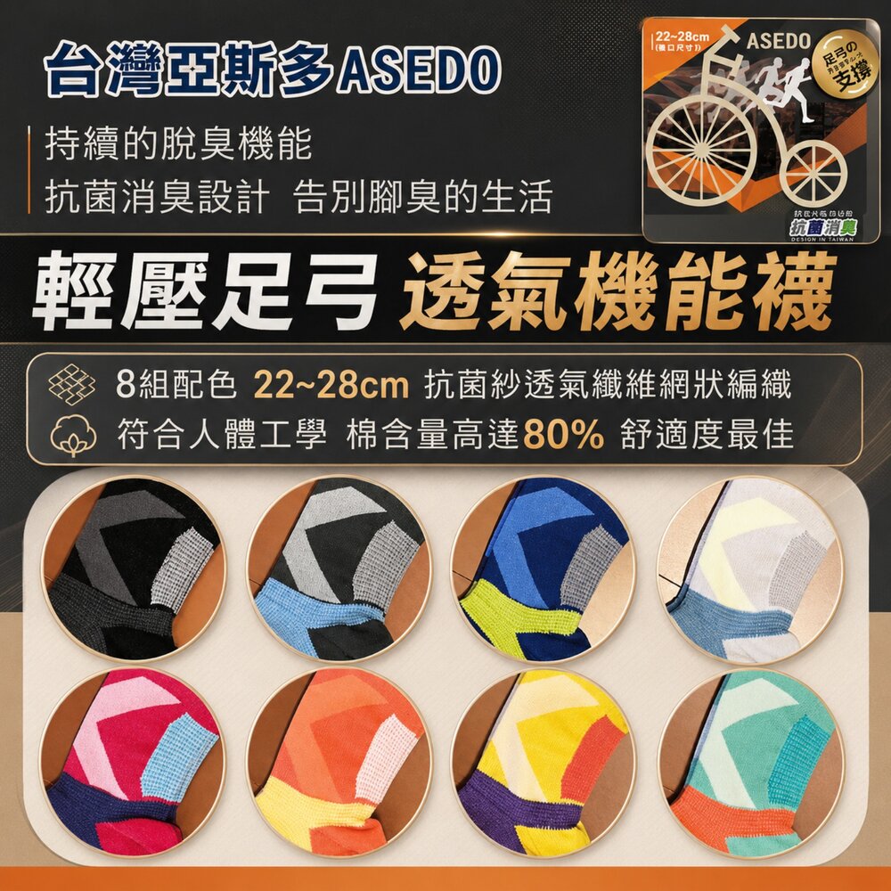 Asedo 輕壓足弓機能襪 抗菌除臭襪|男女適用短襪 顏色:隨機出貨-圖片-3