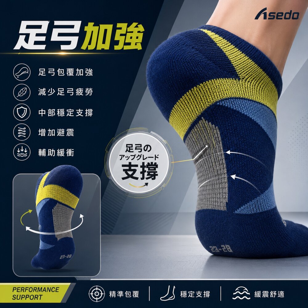 Asedo 輕壓足弓機能襪 抗菌除臭襪|男女適用短襪 顏色:隨機出貨-圖片-4