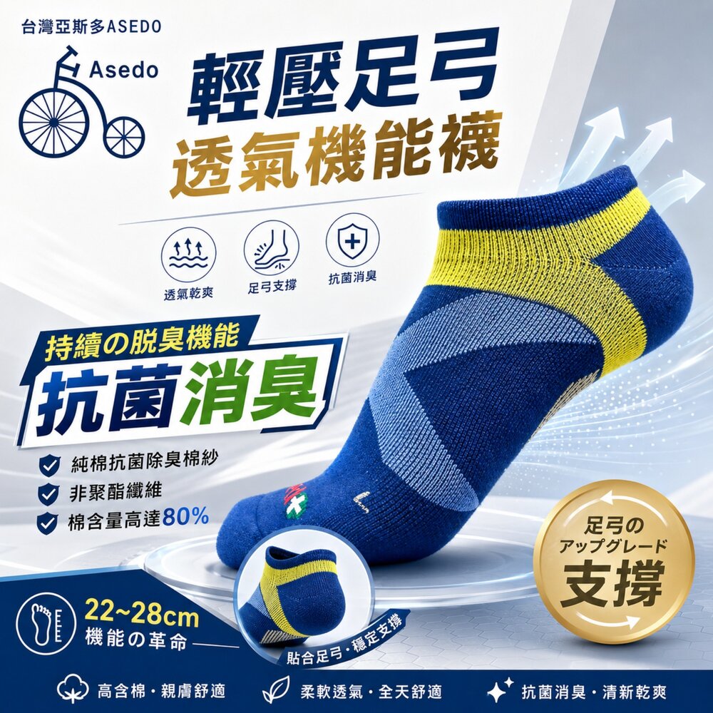 Asedo 輕壓足弓機能襪 抗菌除臭襪|男女適用短襪 顏色:隨機出貨-圖片-5