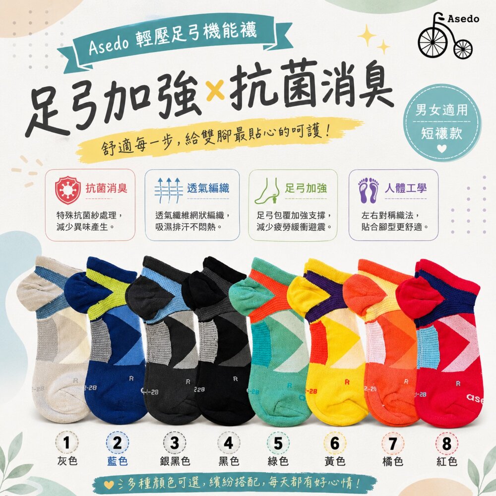 Asedo 輕壓足弓機能襪 抗菌除臭襪|男女適用短襪 顏色:隨機出貨-圖片-6