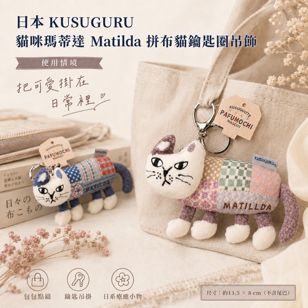 日本 KUSUGURU 貓咪瑪蒂達 Matilda 拼布貓鑰匙圈吊飾-圖片-8