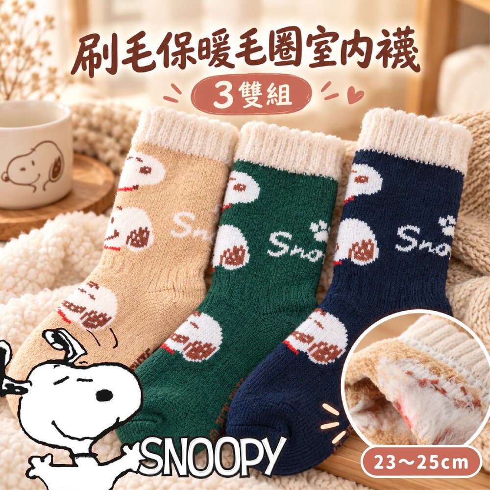 261016155408-日本直送｜預購｜日本SNOOPY 刷毛保暖毛圈室內襪 1組3雙(臉部款)
