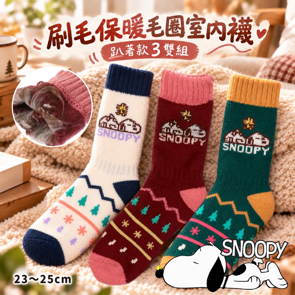 261016155722-日本直送｜預購｜日本SNOOPY 刷毛保暖毛圈室內襪 1組3雙(趴著款)