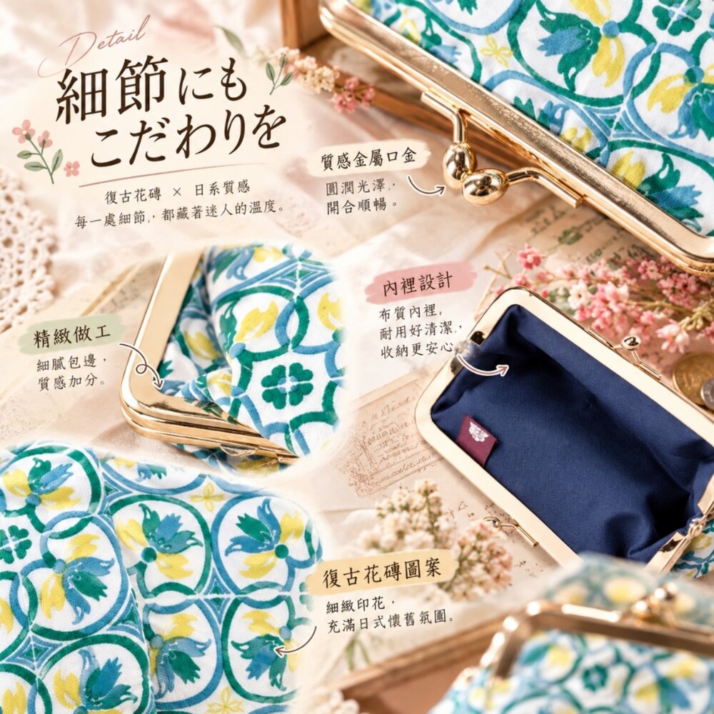 日本直送|預購|日本花磚復古花卉長形口金零錢包-圖片-1