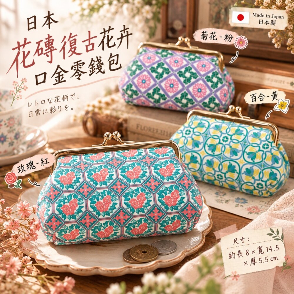 261027105615-日本直送｜預購｜日本花磚復古花卉長形口金零錢包