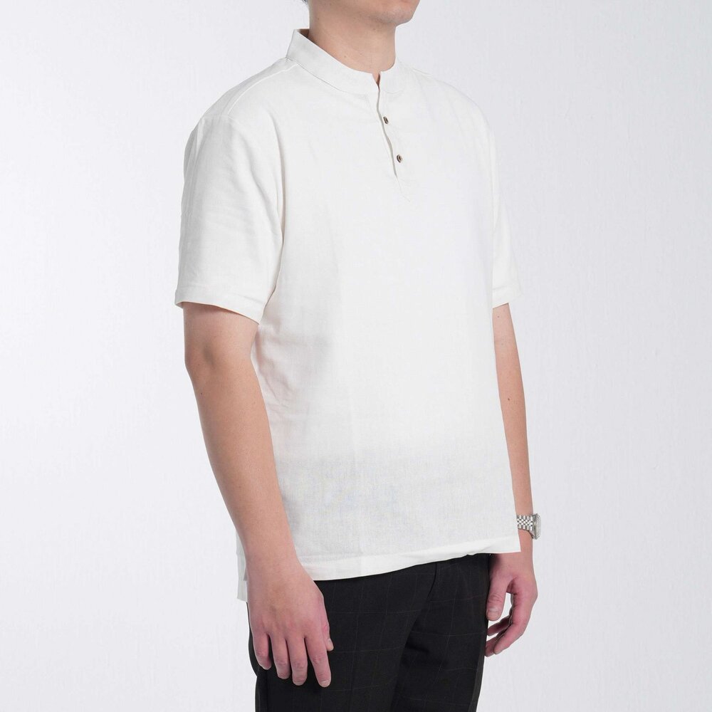 棉麻涼感 開襟T恤 短袖-白色/黑色 棉麻襯衫、亨利領、學院文青-圖片-2