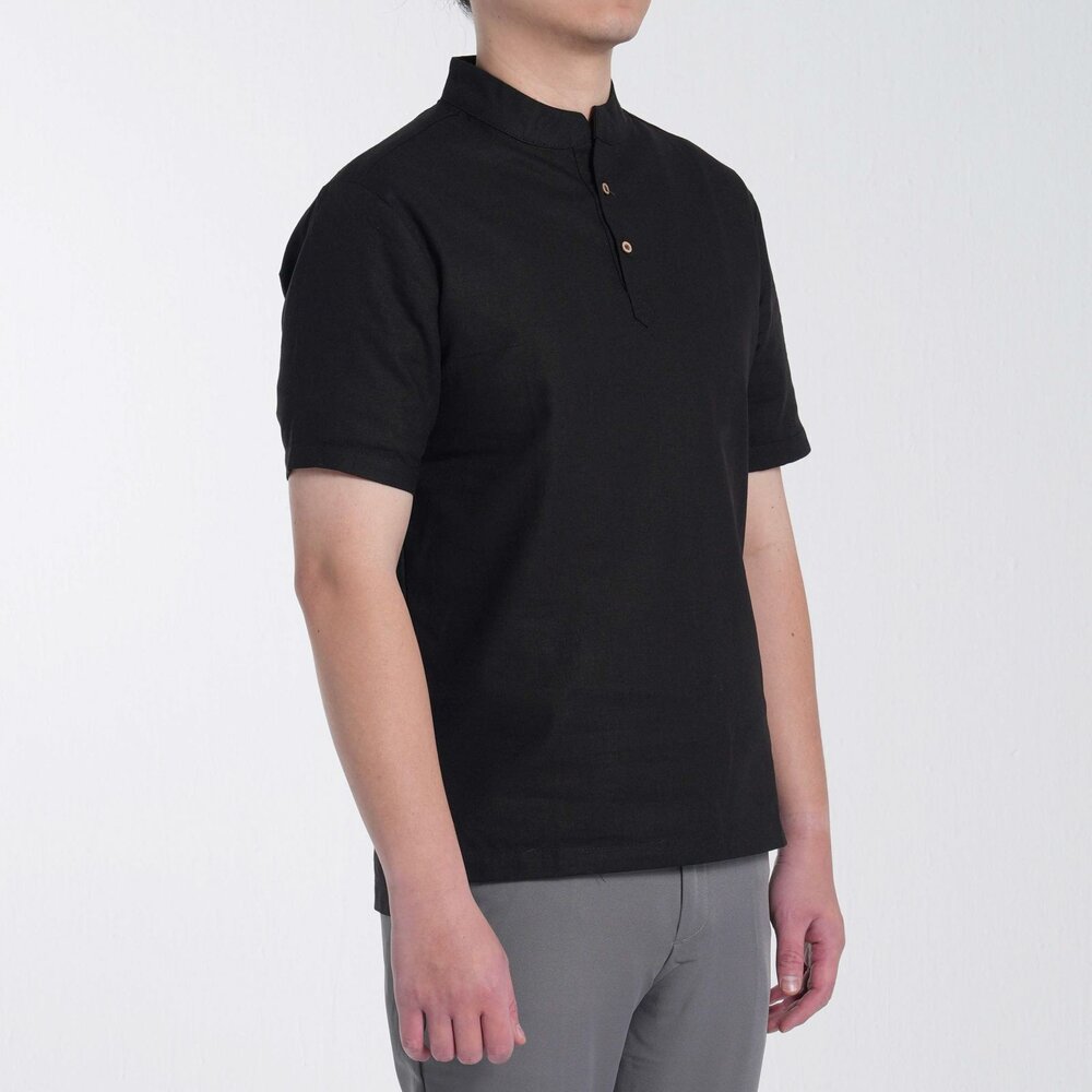 棉麻涼感 開襟T恤 短袖-白色/黑色 棉麻襯衫、亨利領、學院文青-圖片-7