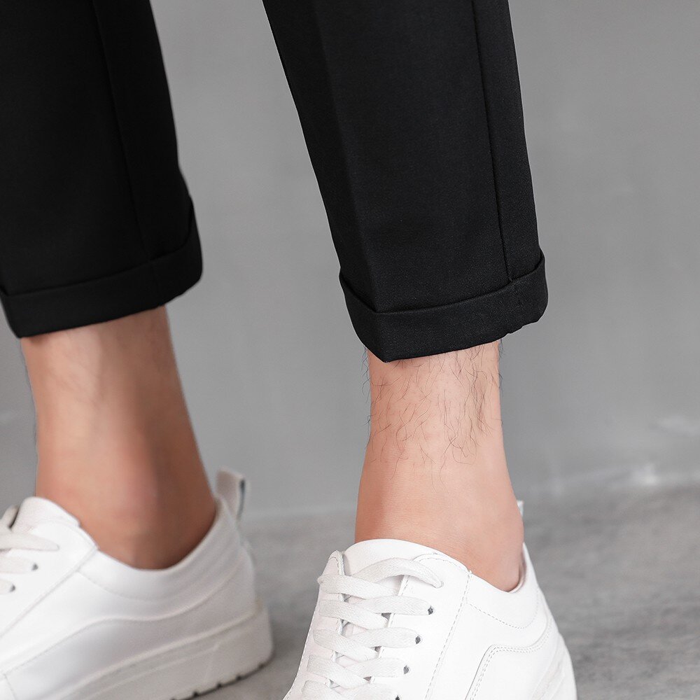 男士休閒修身西裝褲-九分褲 黑色 微彈性 微正式 極簡 韓版 文青風-圖片-2