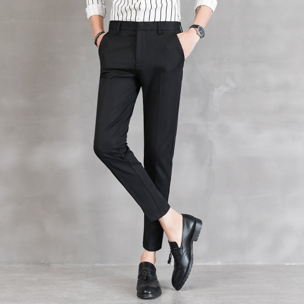 P157-男士休閒修身西裝褲-九分褲 黑色 微彈性 微正式 極簡 韓版 文青風