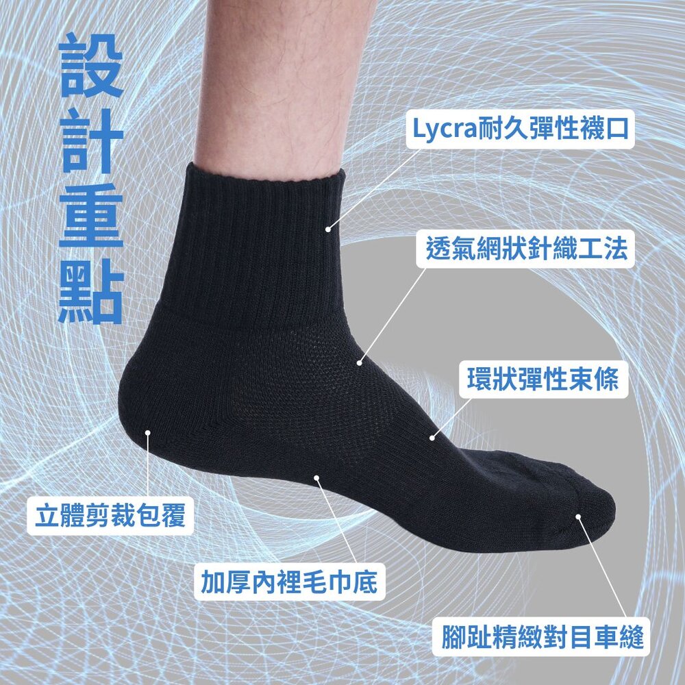 萊卡機能運動襪-素黑/厚磅舒適 Lycra專利面料 透氣排汗 緩震舒適 MIT台灣製造 襪子-圖片-1