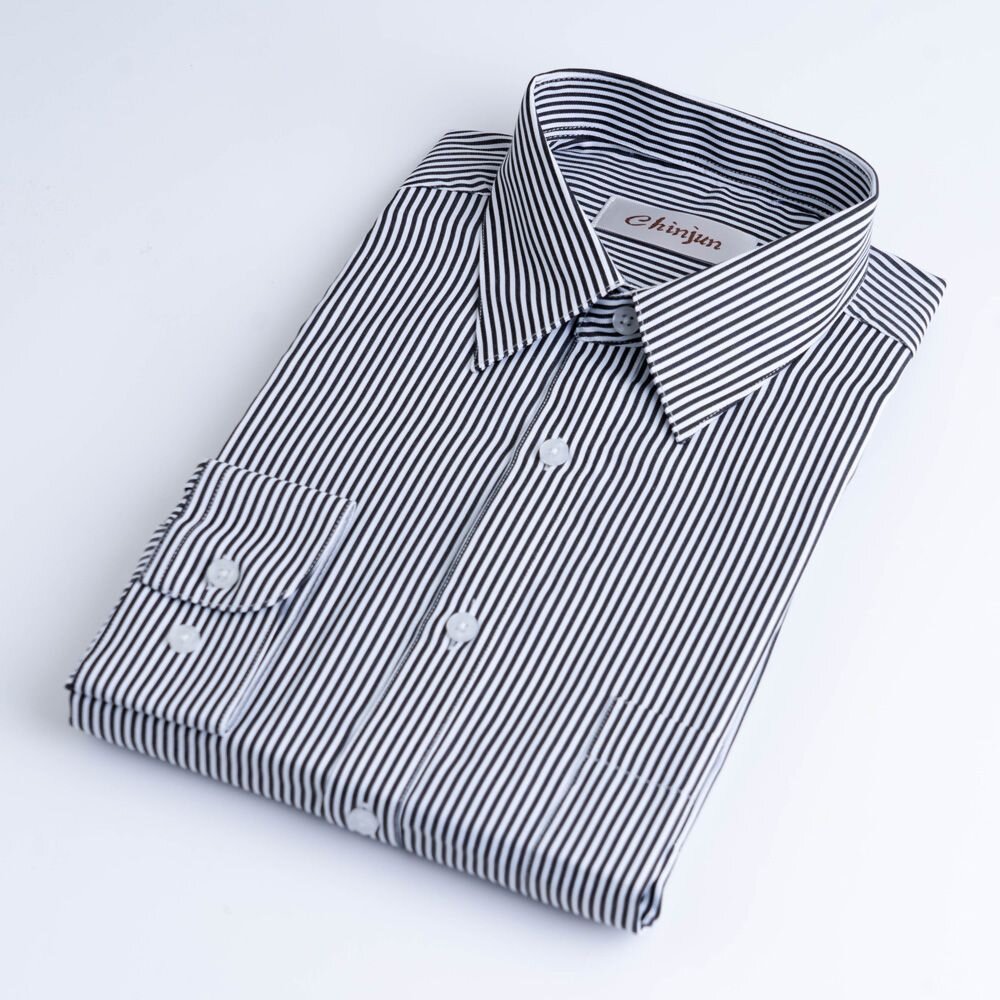 k907-【CHINJUN】勁榮抗皺襯衫-長袖、黑白相間條紋、k907