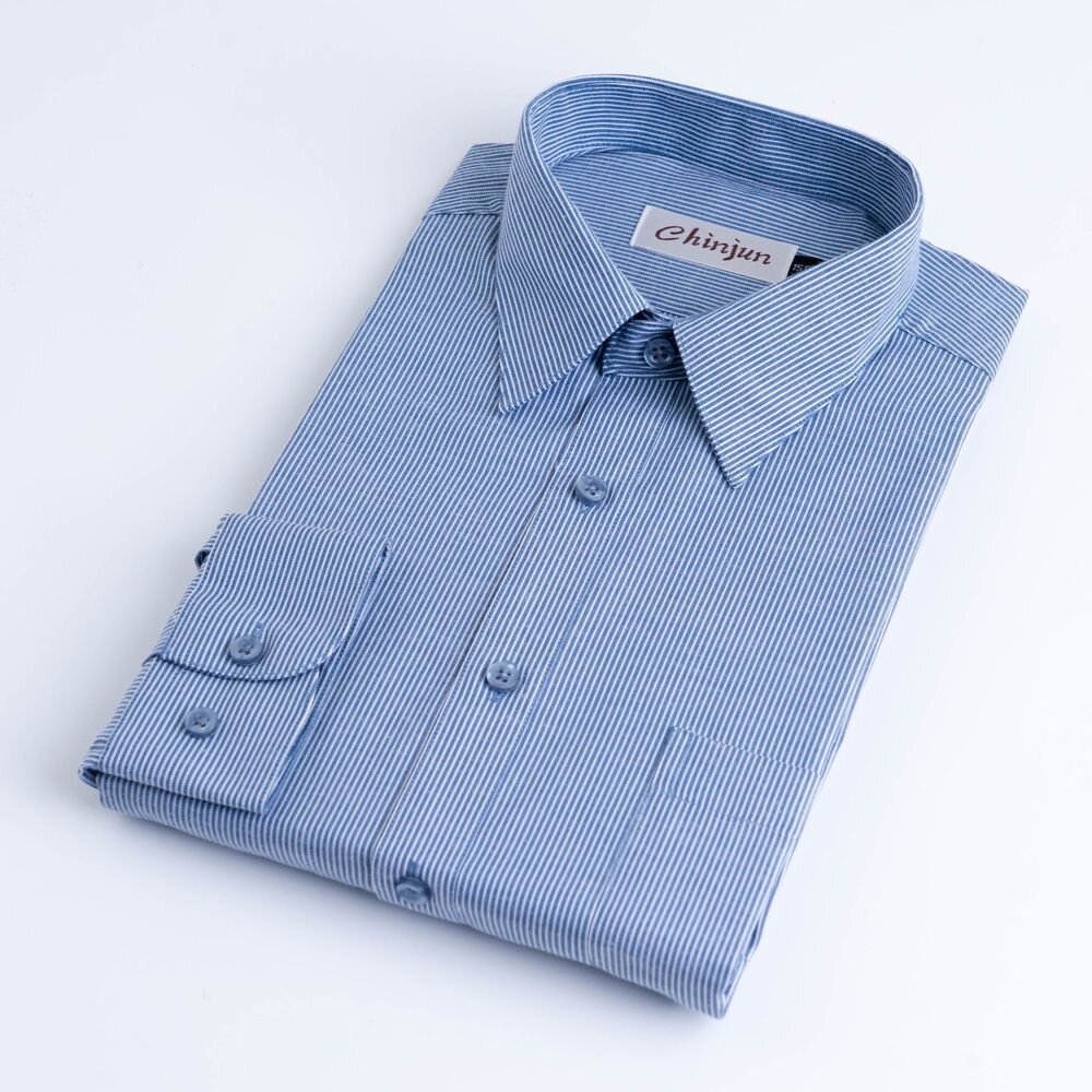 【CHINJUN】勁榮抗皺襯衫-長袖、灰藍條紋、k912