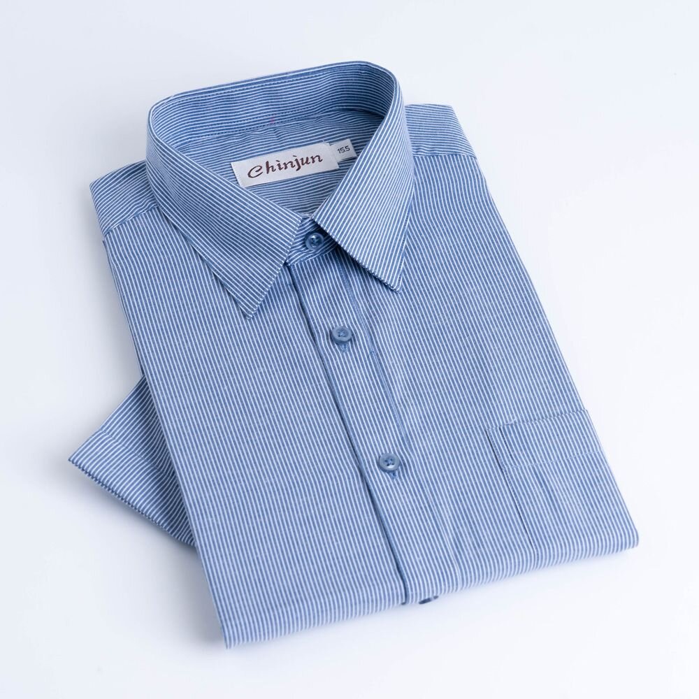 s912-【CHINJUN】勁榮抗皺襯衫-短袖、灰藍條紋、s912