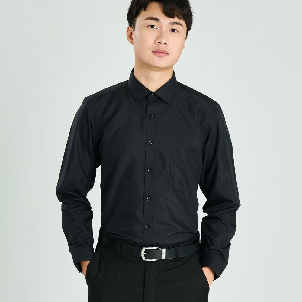【WEISHTON】韓版修身抗皺襯衫-長袖-素色黑、w12 封面照片