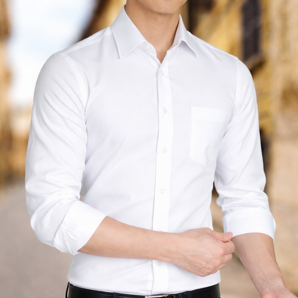 wflx-【WEISHTON】修身抗皺襯衫 彈性布料 長袖 口袋 素色白 wflx01