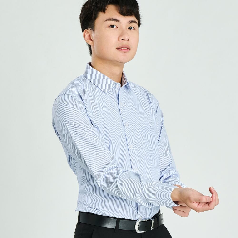 【WEISHTON】韓版修身抗皺襯衫-長袖-斜紋灰、條紋藍、斜紋藍、斜紋粉-圖片-2