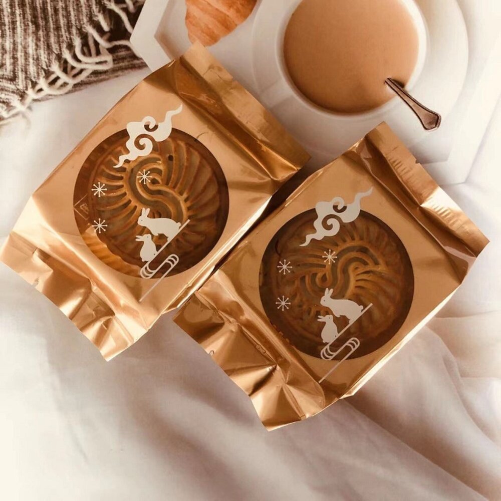 15187020822-玉兔 折邊立體袋 立體月餅袋 機封袋 熱封袋 中秋節包裝 月餅包裝袋 蛋黃酥包裝袋 金底玉兔 ，折邊月餅袋