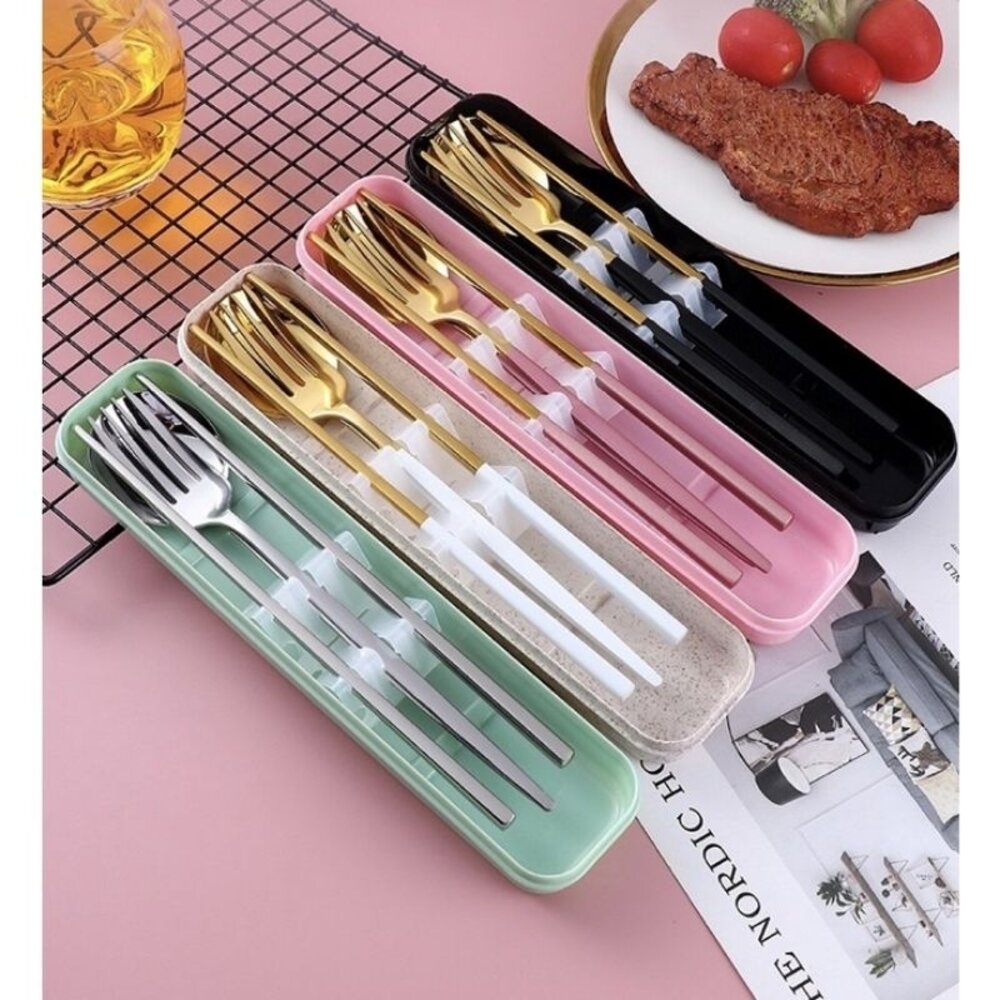 22420968454-筷子 湯匙 叉子 餐具組 環保餐具 餐具三件組 金色餐具 食物拍攝道具